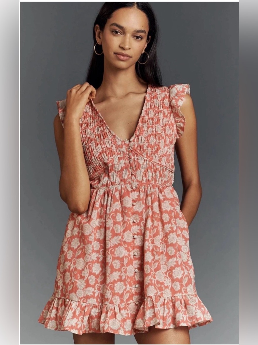 Anthropologie The Peregrine Mini Cotton Dress With Pockets  Coral-White Size M